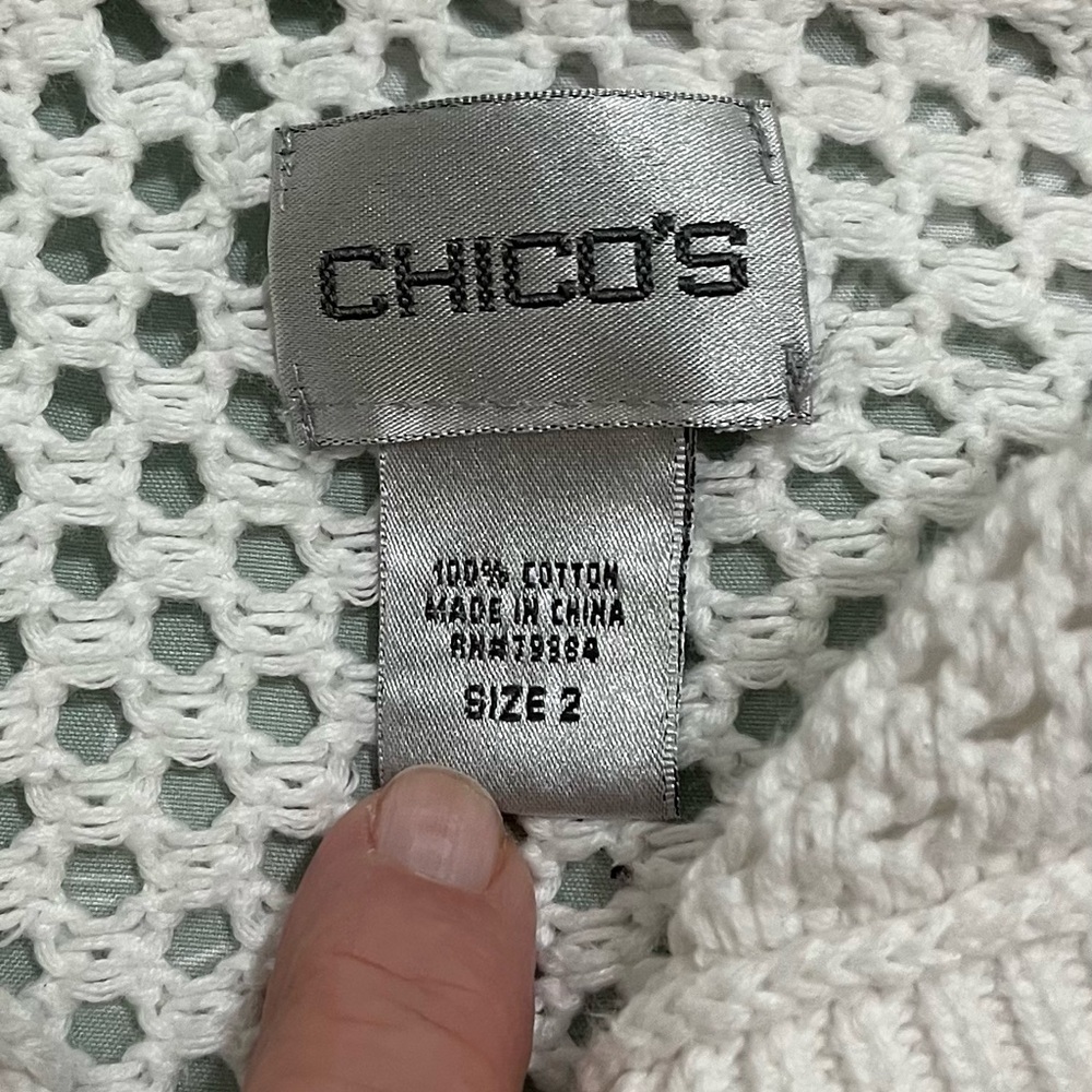Chico's Open Knit Hooded Zip Jacket Cardigan Sweater Sz 2 = 8-10 M Cotton White - Picture 3 of 5